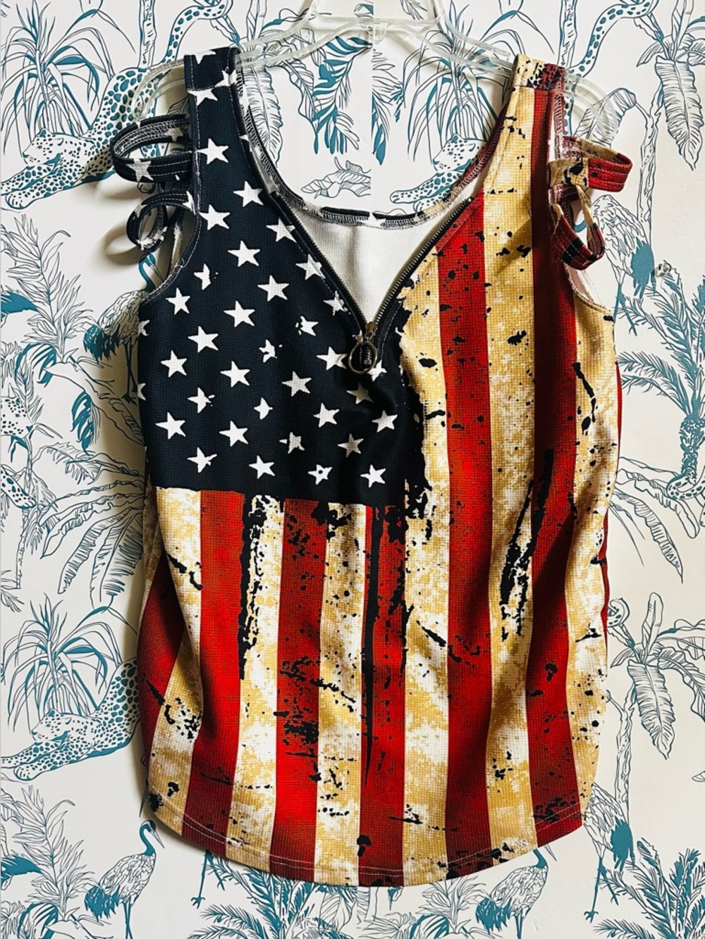 Women's Flag Print Tie-Shoulder Tank Top - Red, White & Blue